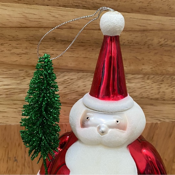 Retired 2005 Bath Body Works Flocked Santa with Brush Tree Blown Glass Ornament - Picture 3 of 10